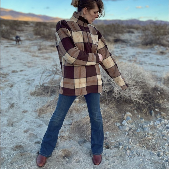 Lauren Ralph Lauren brown plaid 3/4 zip warm  oversized pullover sweater, unisex - Picture 4 of 15